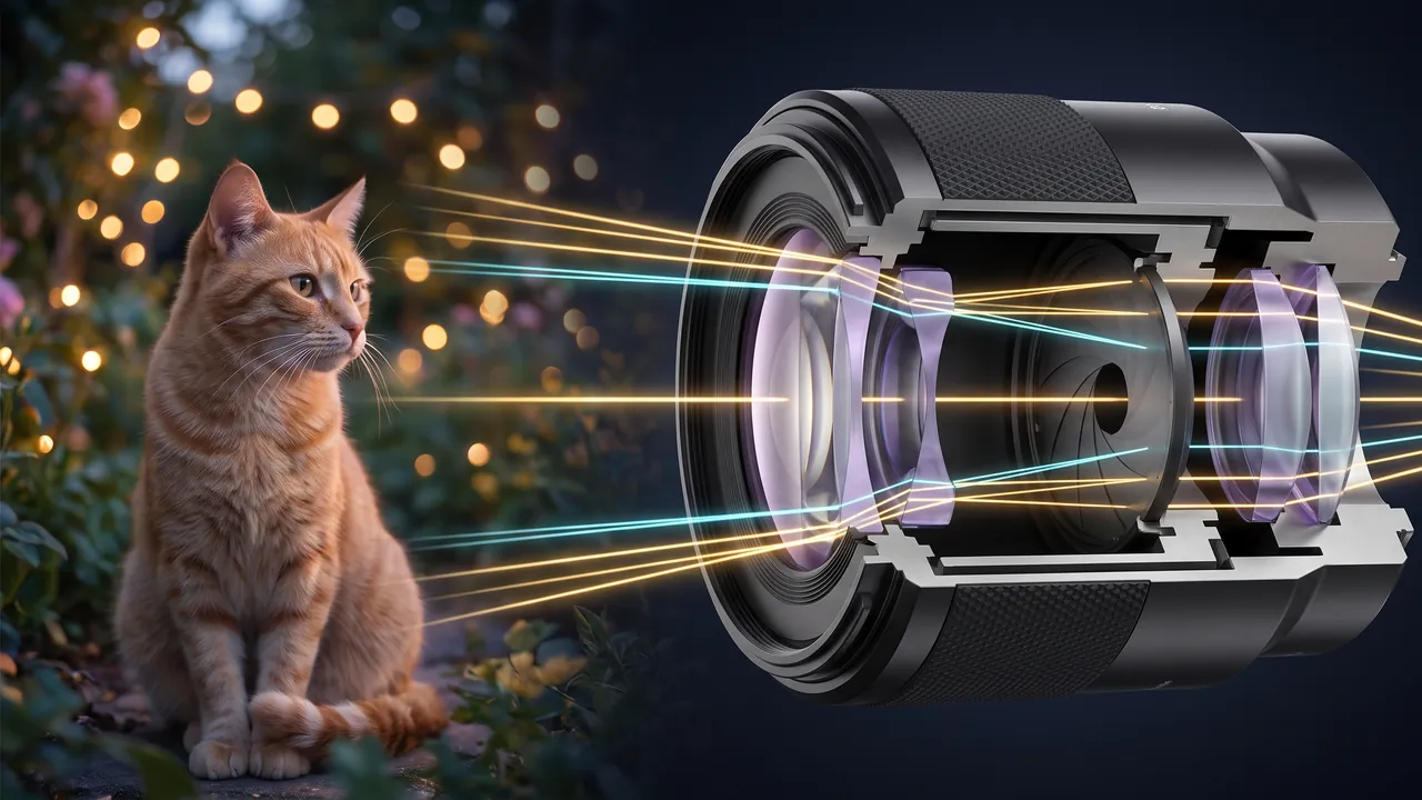 A ginger cat in an evening garden; light from it passes through a cutaway lens and lands on the sensor.